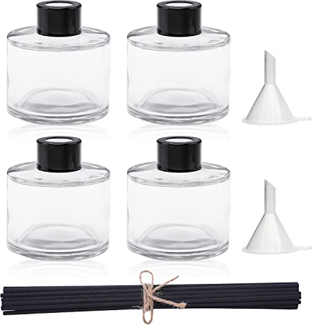 Agidea 4PCS Fragrance Glass Diffuser Bottles, Refillable Diffuser Bottles with 20pcs Reeds Sticks & Black Caps & Funnel, Diffuser Jars for Home Oil Fragrance Decoration Girl Women Gift (150ML)