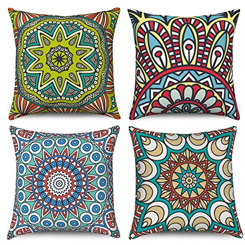 Hnmdmyi Kissenbezug Boho 40x40 4er Set, Bohemian Bauernhaus Retro Floral Mandala Kompass Medaillon Dekorative Kissenbezüge Leinen Kissenhülle für Sofa Couch Bett Garten Outdoor Home Decor