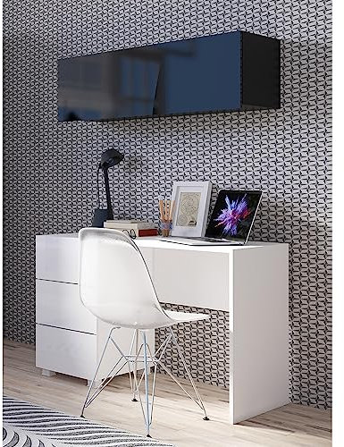 Lomadox Jugendzimmer Set 2-teilig mit Schreibtisch, Wandregal in weiß Hochglanz und schwarz Hochglanz Modern