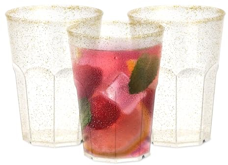 TUNDRA - Lot de 40 Verres à COCKTAIL, BIÈRE, EAU, UTILISER & RÉ-UTILISER LÉGER 35 Cl., avec PAILLETTES DORÉES, BPA-Free, Gobelets en PLASTIQUE RECYCLABLE (PP), Incassables, Réutilisables