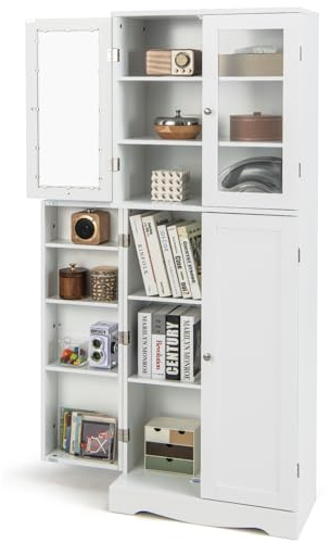 GIANTEX Armario Alto Despensa de Cocina, Mueble Aparador Independiente con Dos Puertas de Vidrio Templado, Almacenamiento para Comedor, Sala de Estar,60 x 31,5 x 161,5 cm (Blanco)