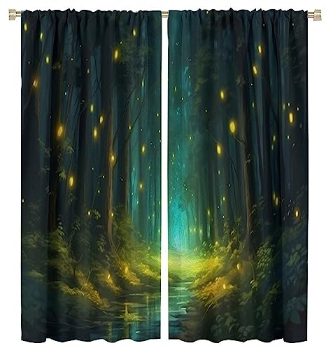 Fantasy Nature Vorhänge, Nacht Gothic Nebel Landschaft Glühwürmchen Gras Gelbe Lichter verträumt neblig Wald Fensterbehandlungen Vorhänge für Schlafzimmer Wohnzimmer 106,7 x 137,2 cm
