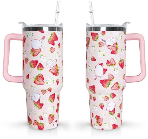Mindunm Trinkbecher mit süßem Erdbeerdruck, mit Griff und Strohhalm-Deckel, Erdbeer-Thema, Geschenke für Frauen, doppelt isoliert, Reise-Kaffeetasse, 1,2 l