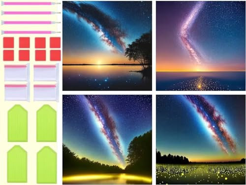 4 Stück Diamond Painting Aurora Borealis See Diamant Painting Bilder Kinder, DIY 5D Diamond Painting Erwachsene Basteln Full Drill Rund Diamant Malere für Schlafzimmer Deko Wohnzimmer 10x10cm T-3047