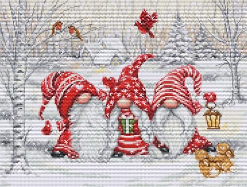 Luca-S Cross Stitch Kit Three Gnomes in Wood, BU5050, Counted Cross Stitch Kit for Adults, Needlecraft and Embroidery Kit