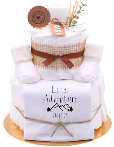 Trend Mama® | Sprüche Windeltorte Babybody Neutral Unisex | Baby Body und Kuschelsocken | Babygeschenk zur Geburt (MOTIV |Let the Adventure begin, BABYBOY | 50-56)