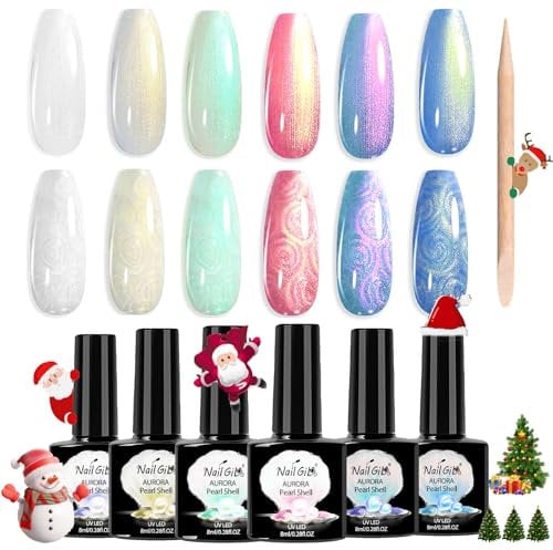 NAILGIL Pearl Gel Nail Polish Set, Mermaid Polish White Pink Blue Green Yellow Aurora Shimmer Nail Drawing Soak Off Led Gel for Swirl Shell Thread Pearlescent Iridescent Effect, Set