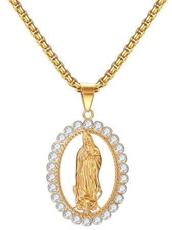 Flongo Collier Femme Acier Inoxydable: Collier Pendentif Vierge Marie Vierge de Guadalupe Fantaisie avec Strass - Cadeau Femme St Valentin Anniversaire