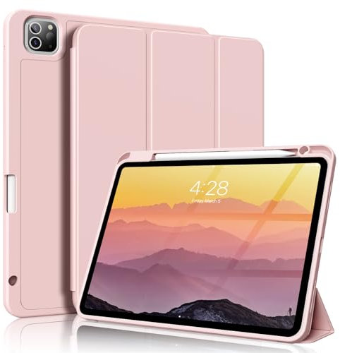 ZKTUYU for iPad Pro 11 Inch Case 4th/3rd/2nd Generation (2022/2021/2020) with Pencil Holder, Slim Trifold Smart Cover with Soft TPU Back, Support 2nd Gen Pencil Charging, Auto Sleep/Wake, Pink