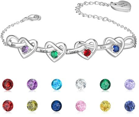 Personalisierte Armband Silber Damen Frauen Geschenk - Herz Armbänder Schmuck Geburtsstein Armkette Mutter Tochter Armband Bracelet Charms für Sie Frauen Freundin Mama (4 Geburtssteine ​​4 Namen)