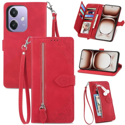 Fertuo Cover per OPPO A40, Custodia a Libro in Pelle PU Flip Case con Porta Carte, Chiusura Magnetica e Cinturino [Disegni di Fiori] Portafoglio Antiurto per OPPO A40, Rosso