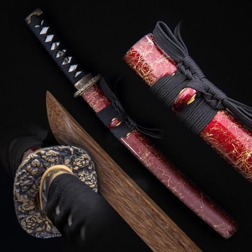 ZHAOMEI Kurze Samurai-Schwerter aus Holz, Japanisches Wakizashi aus Holz, Katana aus natürlichem Wenge-Holz, handgefertigtes Bokken für Geschenke, Dekoration, Display, Cosplay, Accessoires-Red||53CM