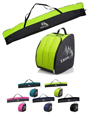 BambiniWelt Kinder Ski Set 125 cm Skitasche & Skischuhtasche Cordura, wasserdicht Skischuhrucksack Helmfach & Skibrillenfach – Skischule & Wintersport, Farbe: schwarz/hellgrün, Größe: 145cm