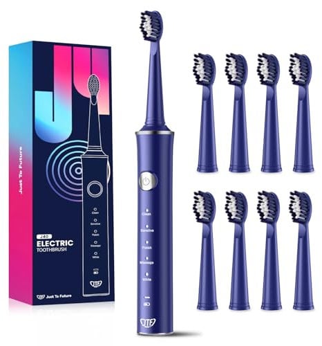 JTF Spazzolino Elettrico, Spazzolino da denti Sonico con 8 Testine, 5 Modalità & Smart Memory, Timer da 2 Min, IPX7 Impermeabile, Rechargeabilité, Ricarica Rapida 3H, Adulto (Blu)