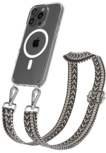 EAZY CASE Handykette - Verstellbares Taschenband kompatibel mit iPhone 16 Pro, Schulterriemen, Handykordel mit Silikon Hülle, Qi Charging kompatibel, Umhängetasche, Grau Schwarz Silber