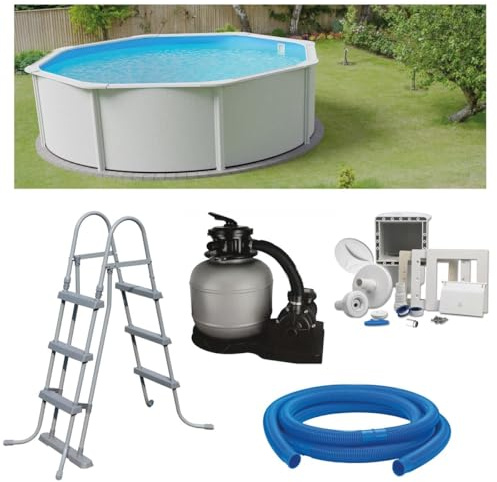 Planet Pool Premium Rundpool-Set Ø 3,50 x 1,20 m, frei aufstellbar, feuerverzinkte Stahlwand, UV-stabilisierte Innenhülle, Skimmer, Sandfilter mit 4 m³/h und 6-Wege-Ventil, Sicherheitsleiter