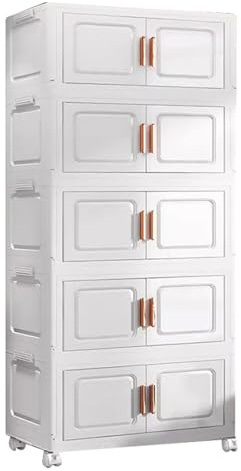 5-Tier Stackable Storage Boxes with Lids and Front Door,Folding Storage Bins with Wheels for Bedroom Living Room Study Office(White,55x33x154cm)