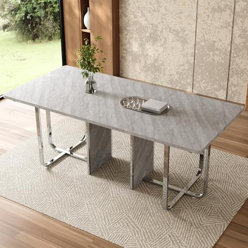 180 x 80 x 75 cm, mesa de comedor moderna y estable, patas de metal, mesa de comedor rectangular grande, para 6 personas, moderna y sencilla, gris + plata