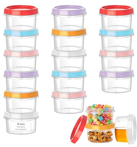 VINATO 18Pcs Contenitori per Alimenti, 250ml Barattolini Plastica Piccoli con Tappo, Set Scatole Plastica, Contenitori per Congelatore, Impilabili