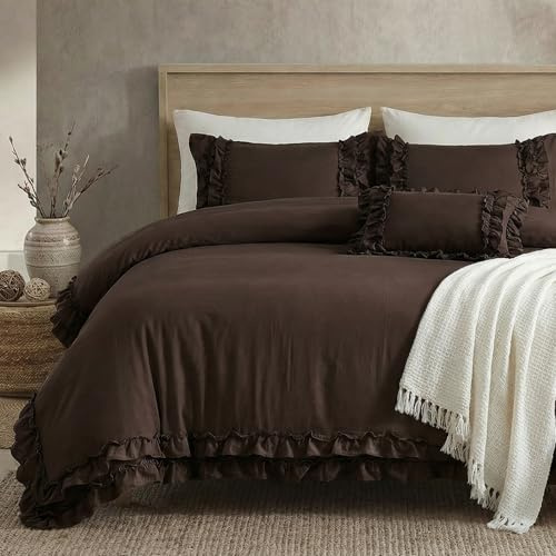Herside Braunes Rüschen-Bettwäsche-Set Farmhouse Chic Bettbezug-Set Ganzjährig Kingsize-Bettwäsche 230x220cm Bettbezug-Set für Mädchen und Teenager