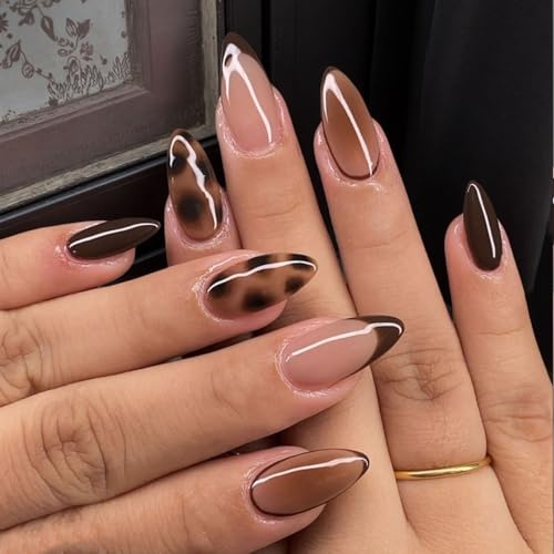 Floruvia 24Pcs Herbst Almond Press on Nails,Leopard French Gradient Fake Nails,Acrylique Glossy Full Cover Kit pour Femmes Filles Marron Moyen