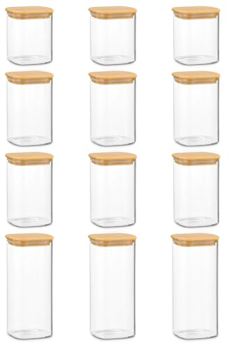 Generisch Vorratsgläser mit Bambusdeckel Luftdicht–Quadratische Glas Aufbewahrungsdosen 12 Set für Küche – Lebensmittel Aufbewahrung Container für Mehl, Kaffee, Nüsse, Reis (6x1150ml+3x1580ml+3x720ml)