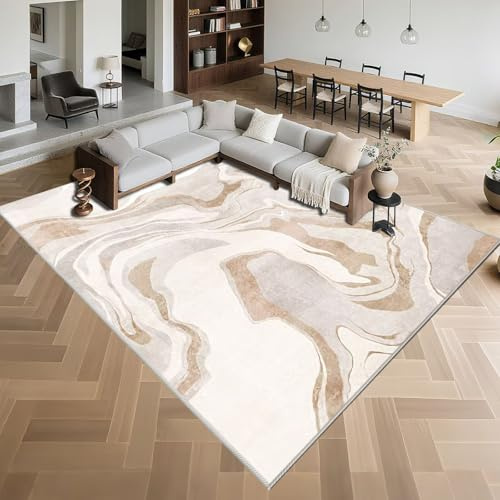 Kunsen Kurzflor Teppich Schlafzimmer 130x190cm,Abstrakte Kunst,Waschbar In Waschmaschine für Wohnzimmer,Gaming Zimmer,Flur Beige
