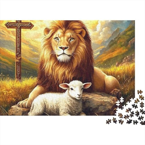 Lion 1000 Teile Puzzles für Familien | Nachhaltig Löwe und Lamm bei Holzkreuz Spaßige Heimaktivität & Geschenk 38x26cm/1000 Teile