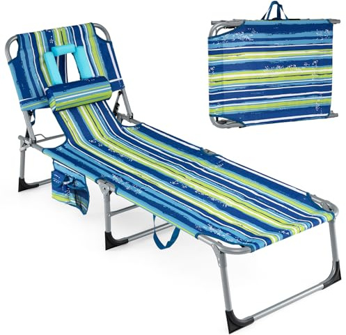 COSTWAY Sonnenliege mit Loch für Kopf und Arme, klappbare Gartenliege mit Verstellbarer Rückenlehne und Fußteil, abnehmbarem Kissen, Seitentasche, Liegestuhl für Strand, Garten (Blau gestreift)