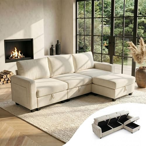 GRAVFORCE 251cm L Shaped Sofa with Storage Under Every Seat Chenille Beige | Oversized Deep Seat Corner Sofa with Side Pockets Footstools Modular Sofa with Wide Armrests Perfect for Living Room Bedroom