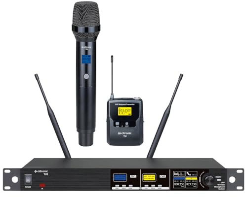 Citronic TU2 Dual UHF Wireless Mikrofonsystem PLL Tuneable 1 Handheld Mic + 1 Bodypack Headset & Lavalier Set for Karaoke, PA, Singing & Events