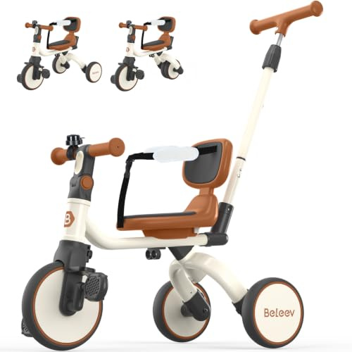 BELEEV 5-In-1 Kleinkinder Dreirad ab 1 Jahr mit Schubstange, Pedalen | Kinder Dreiräder Laufrad mit Verstellbarer Sitz, Sicherheitsgurt, Rückenlehne Klingel, Geschenk für Jungen Mädchen 1–3 Jahr