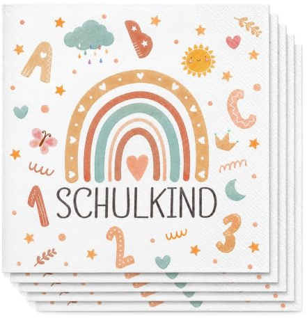 Servietten Einschulung Mädchen Junge, Regenbogen Einschulung Servietten Deko Endlich Schulkind 2026, Schulanfang Deko Tischdeko, 33 x 33 cm Regenbogen Schulservietten