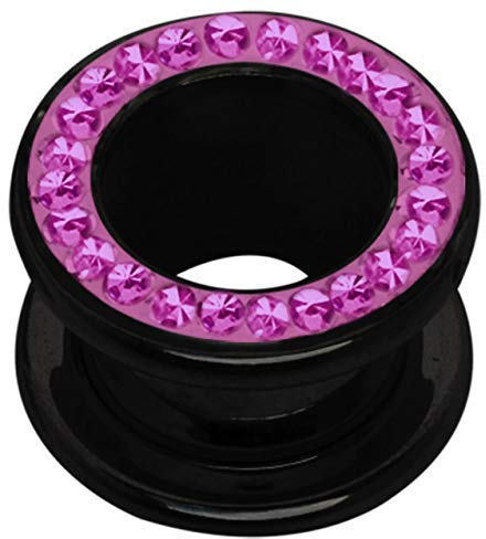 Acryl Ohr Piercing Epoxy Flesh Tunnel schwarz mit Steinen in pink, 10 mm Ø