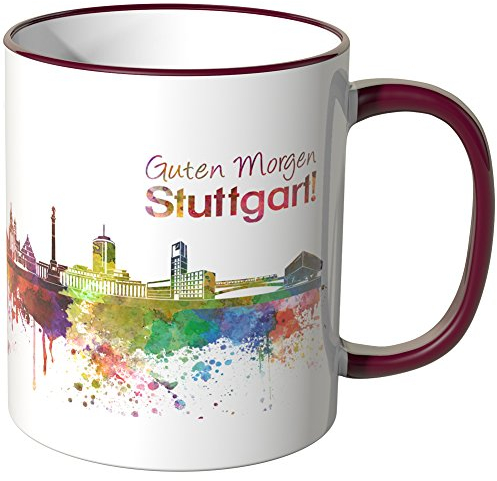 WANDKINGS® Tasse, Schriftzug Guten Morgen Stuttgart! mit Skyline - Bordeaux