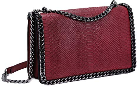 CRAZYCHIC - Damen Kette Umhängetasche - Schlange Leder Gesteppte Klappe Schultertasche - Python Steppmuster Abendtasche Pochette Kettentasche - Frauen Modische Handtasche Trendy Tasche - Bordeaux Rot