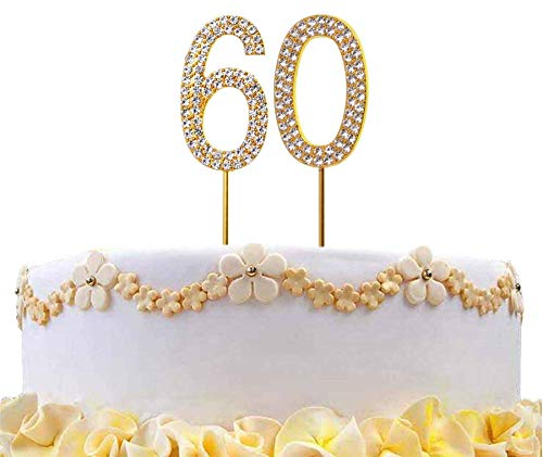 60 Gold Diamond Sparkley Cake Topper Age Year For Mans Womens Birthday Anniversary Party Decorations