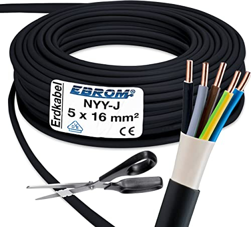 EBROM Erdkabel NYY-J 5x16 mm² - Starkstromkabel - PVC Erdleitung - schwarz - Meterware auf den Meter genau - Auswahl in 1 Meter Schritten, viele Längen - NYY-J 5x16 mm2 - Ihre Länge: 60 Meter