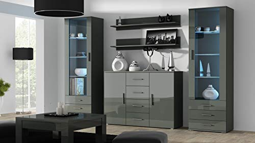 Furniture24 Wohnwand SOHO 3 mit Blauer LED Beleuchtung, Anbauwand, Wohnzimmerschrank, Schrankwand, Vitrine, Sideboard, Hängeregal (Grau/Grau Hochglanz)