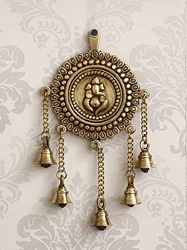 eCraftIndia Goldener Messing dekorativer Lord Ganesha Wandbehang mit 5 Glocken Schaustück – perfekt für Wanddekoration und Heimdekoration