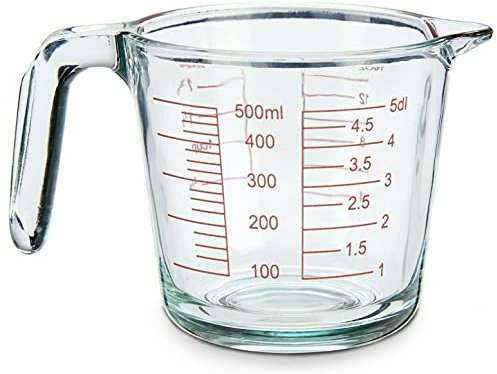 Jarra medidora de vidrio de 500 ml con mango y boquilla