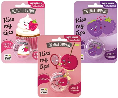 The Fruit Company - Bálsamos Labiales Kiss My Lips. Hidratan y reparan con Karité y Vit.E. Fórmula sin aceite mineral. Latas divertidas de 10 gr cada una. Pack de 3 uds.