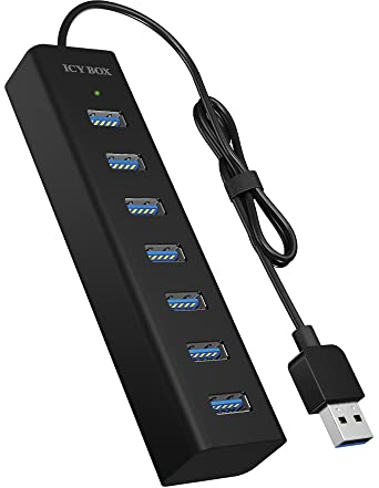 ICY BOX 7-Port USB-Hub USB 3.0 (Type-A) mit Netzteil, Ladefunktion, Aluminium, Schwarz