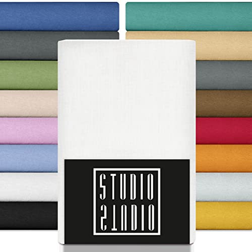 STUDIO Premium Spannbettlaken 90x200cm, 90x220cm, 100x200cm & 100x220cm – Jersey-Spannbetttuch aus 97 % Baumwolle & 3 % Elastan – Weiß – Öko-Tex Zertifiziert, bügelfrei – für Matratzen 15–35cm