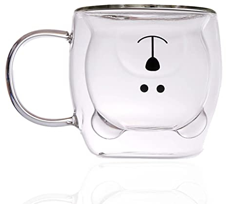 LINCMAN Cute Mugs Glass Double Wall Insulated Glasses Espresso Cup Tea Cup Milk Cup Bear Mugs Office Cup Birthday Gifts Drinking cup