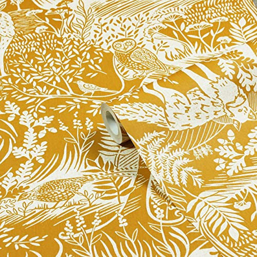 furn. Winter Woods Animal Printed Wallpaper, Ochre