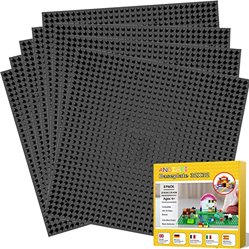 ANDIMEI Bauplatte Grundplatte Platte 32x32-8 Stück 25.5x25.5 cm Gross Schwarz Platten Set Kompatibel mit Meisten Marken Classic Klemmbausteine Grundplatte Konstruktionsspielzeug für Kinder