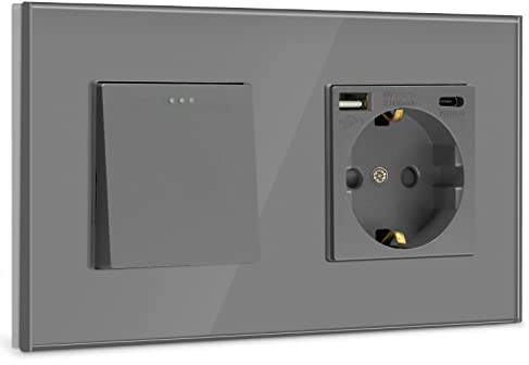 BSEED Interruptor con Enchufe Gris,1 Gang 1 Vía interruptor pared+16Amp Schuko Enchufe con 1 Puerto Tipo C y 1 Puertos USB,16Amp Interruptor de luz de botón pulsador
