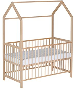 Schardt - Baby Hausbett Micky Natur Geölt - 60x120cm - Stufenlos Höhenverstallbares Beistellbett inkl. Umbauseiten und Sicherheitsgurtsystem