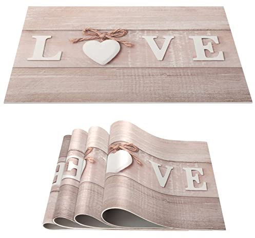 Platzset Tischset abwaschbar PVC Platzdeckchen rutschfest Tischuntersetzer Hitzebeständig Esstisch Deko für drinnen & draußen 30x45cm Liebe Holz Brett 4-er Set